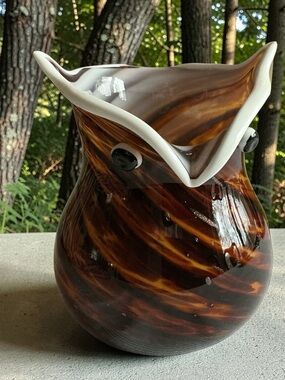 Hand-Blown Glass Owl Vase Sculpture in Brown and Amber